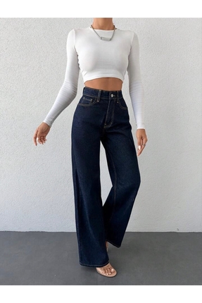 pass&pass Wide Leg Kadın Likralı Palazzo Kot Denim Pantolon KAPALI MAVİ