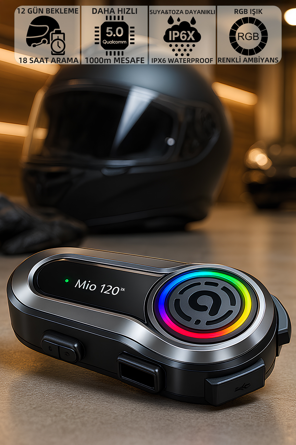 Intercoma Mioji 120 2x Rgb 1000MAH Ipx6 1500M 2 Kişilik Kask Intercom Motosiklet ...