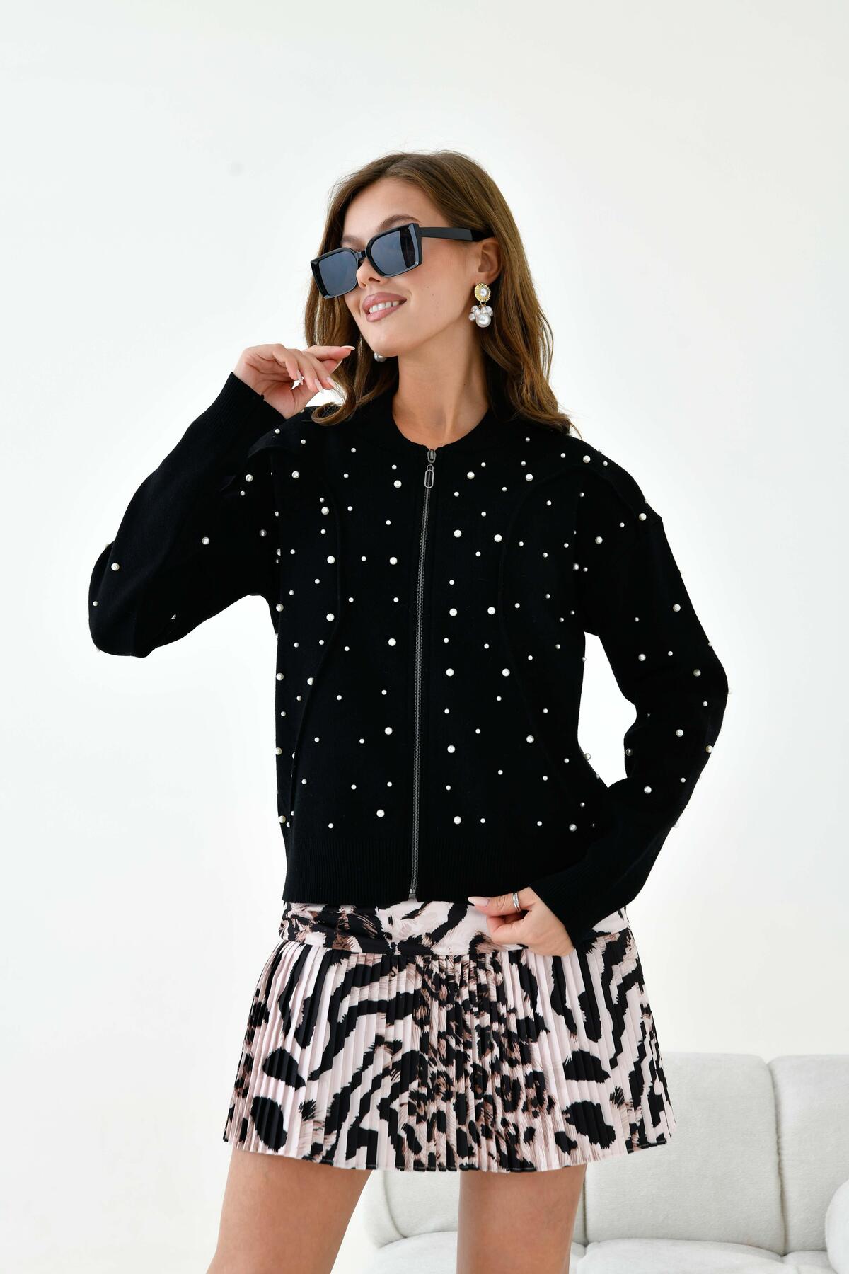 FTZ WOMEN  Kadın İnci Detaylı Hırka Siyah 20804 - Görsel 4