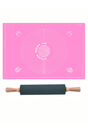 Kitchen Design Lab Pembe 45x65 Cm Silikon Hamur Açma Matı Ve Bambu Saplı Sili...