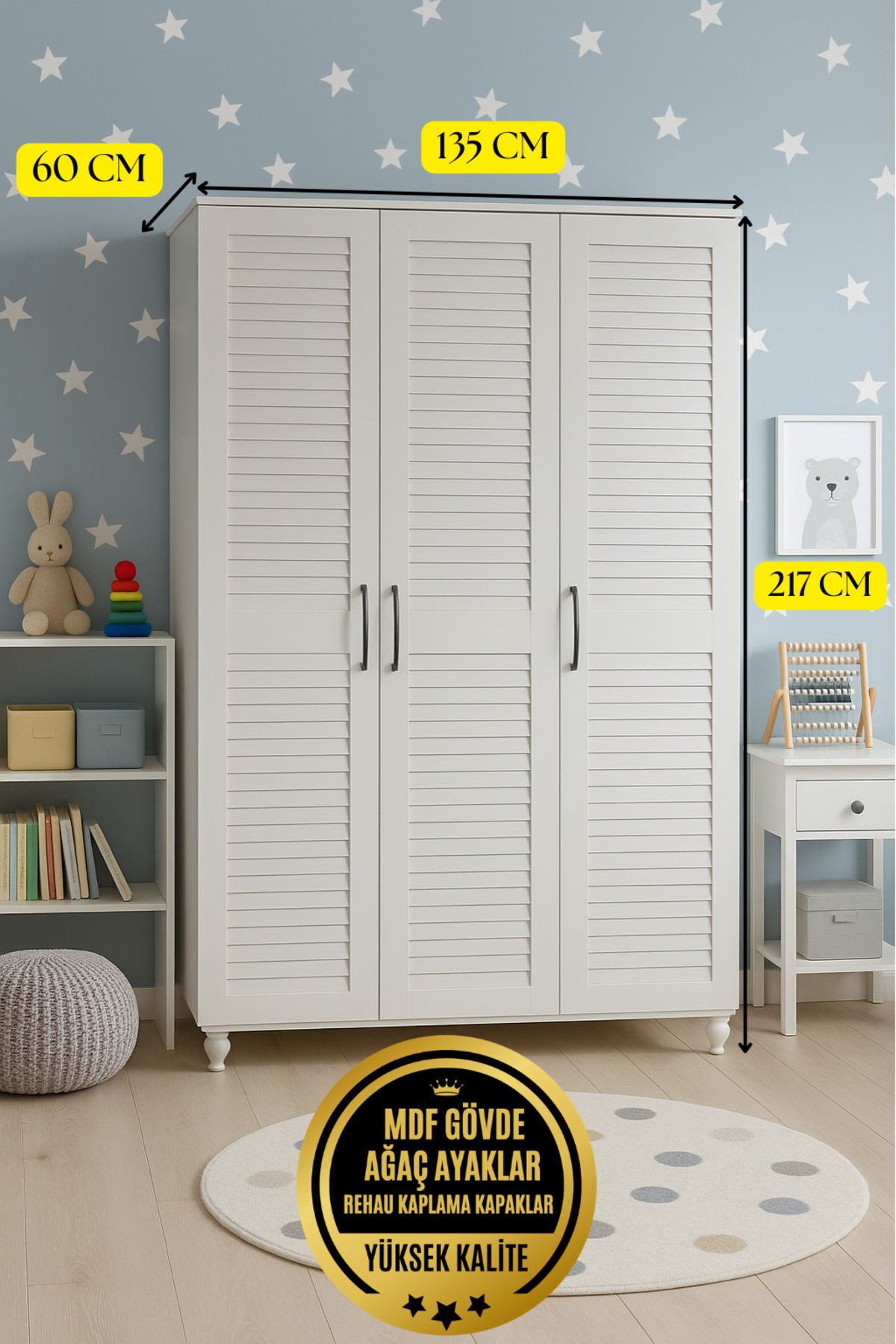 arionkids Pera 3 Kapaklı Çekmeceli Dolap | %100 MDF | REHAU Kapaklı | Çekmeceli | Ağaç Ayaklı | Panjur Kapaklı fotoğrafı 3 (önizleme)