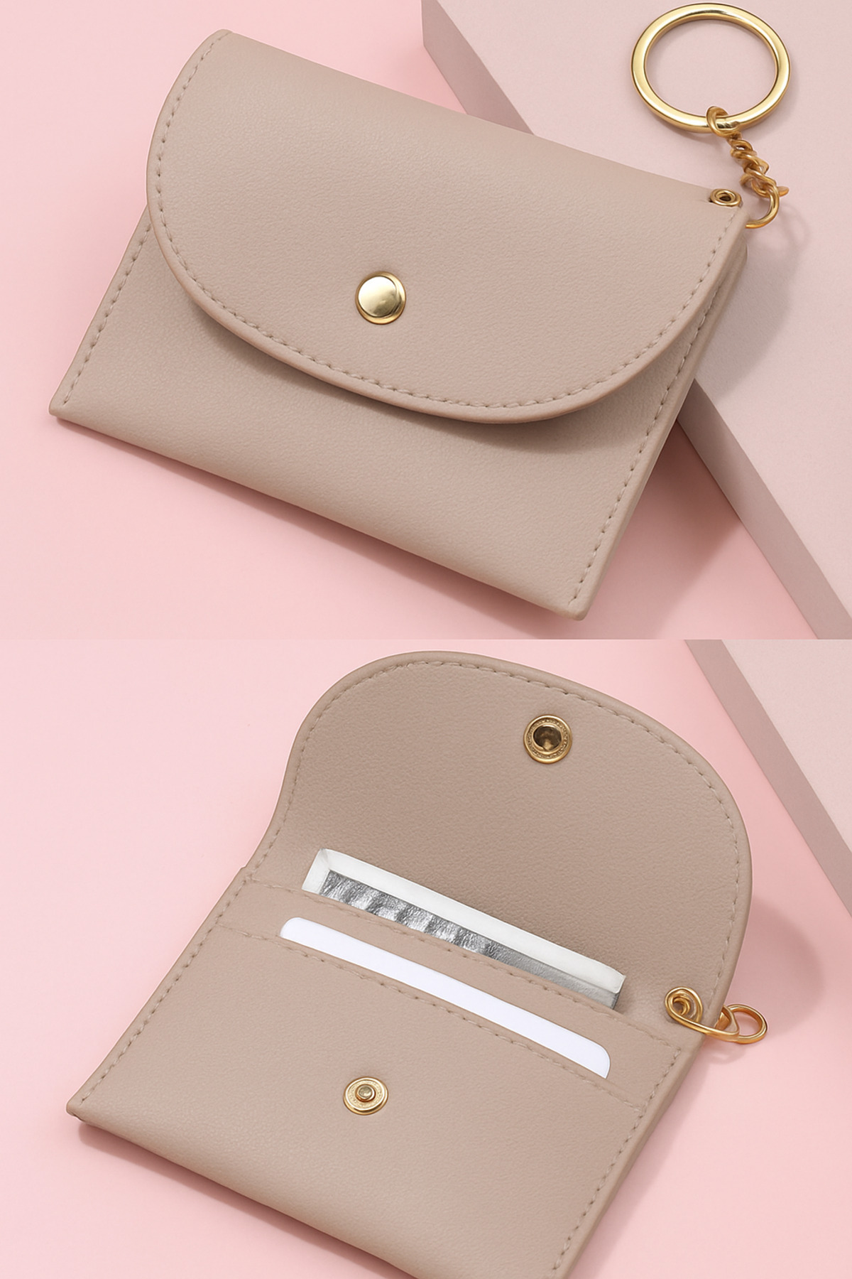 Defnella Bej Çift Bölmeli Anahtarlıklı Mini Kredi Kartlık Cüzdan 10x7 Cm görsel 2