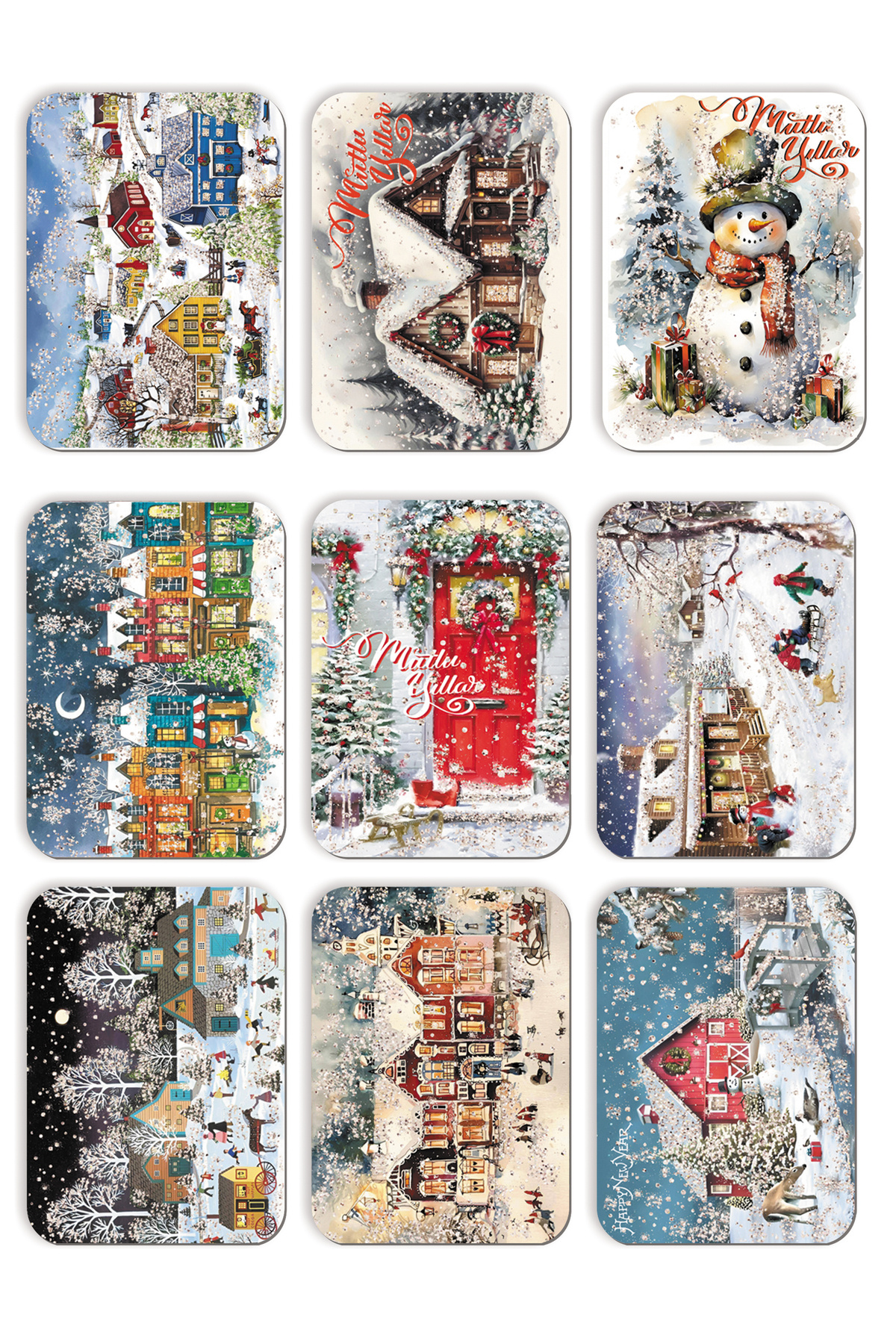 Mia Pera 9lu Simli Yılbaşı Kartpostal Seti Yeniyıl Manzara Kardan Adam Nostalji