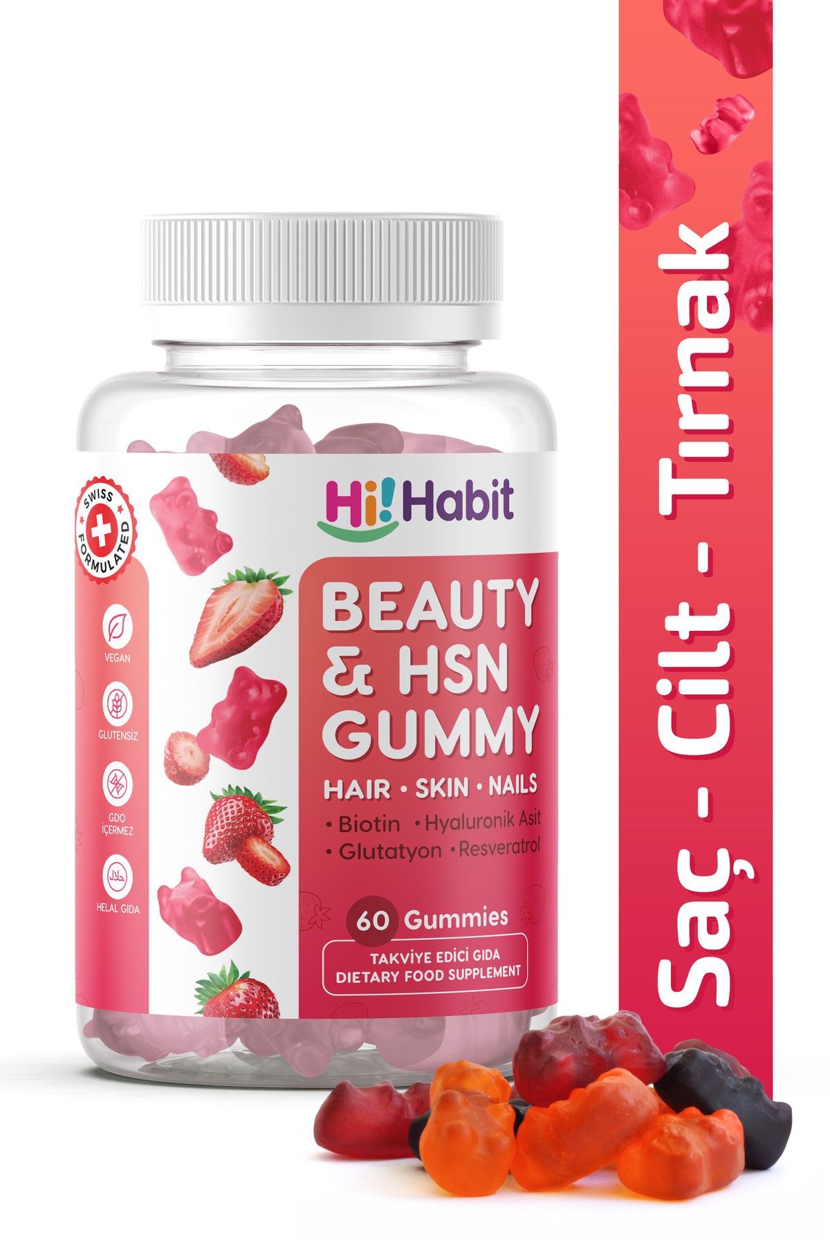 Hi Habit Saç ve Cilt Vitamini - Biotin, Hyaluronik Asit, Glutatyon, Resveratrol Vegan Gummy (30 GÜNLÜK)