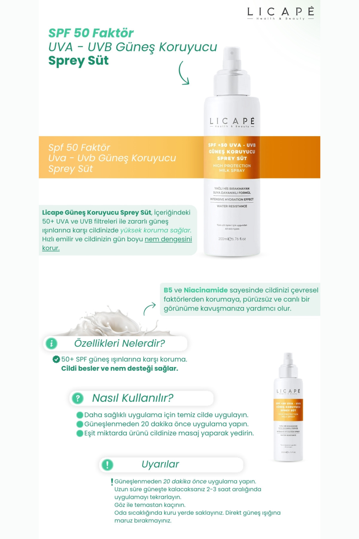 Spf 50 Faktör Uva - Uvb Güneş Koruyucu Sprey Süt 200ml — 2254591 — تصویر 4 از 8