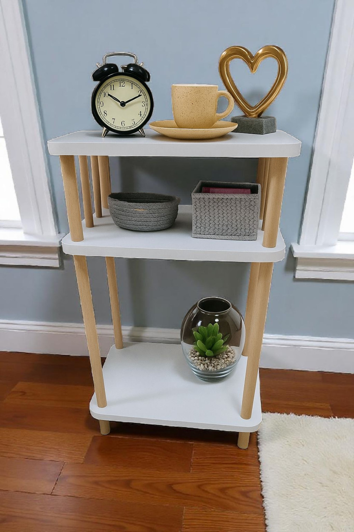 HESA Yüksek Yan Sehpa Beyaz Komodin 3 Katlı Çevir Kur Özel Tasarım Ahşap Ayaklı