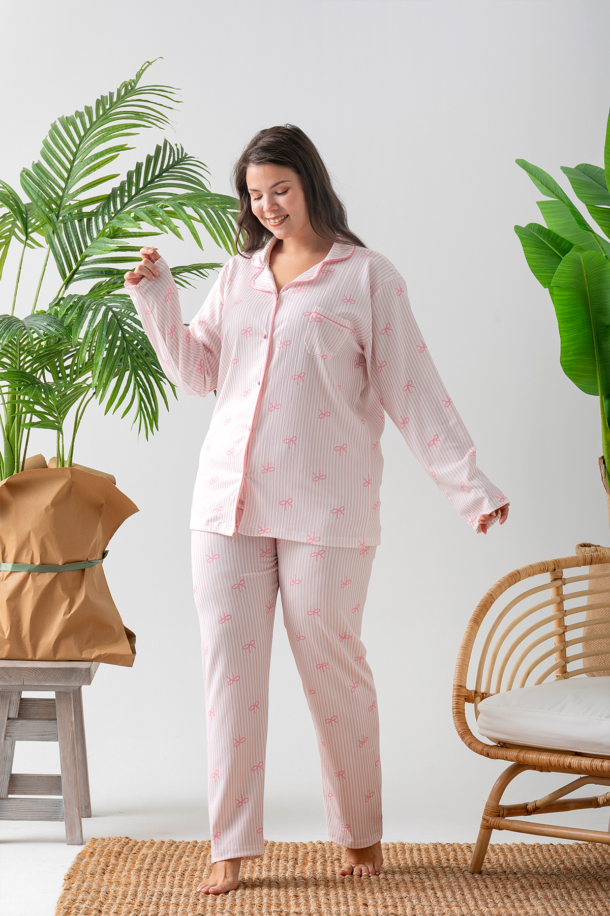 Nisanca  Uzun Kol Gömlek Yaka Kadın Pinterest Pijama Takımı - Mevsimlik Kadın Pijama- Geniş Beden Aralığı - Görsel 5