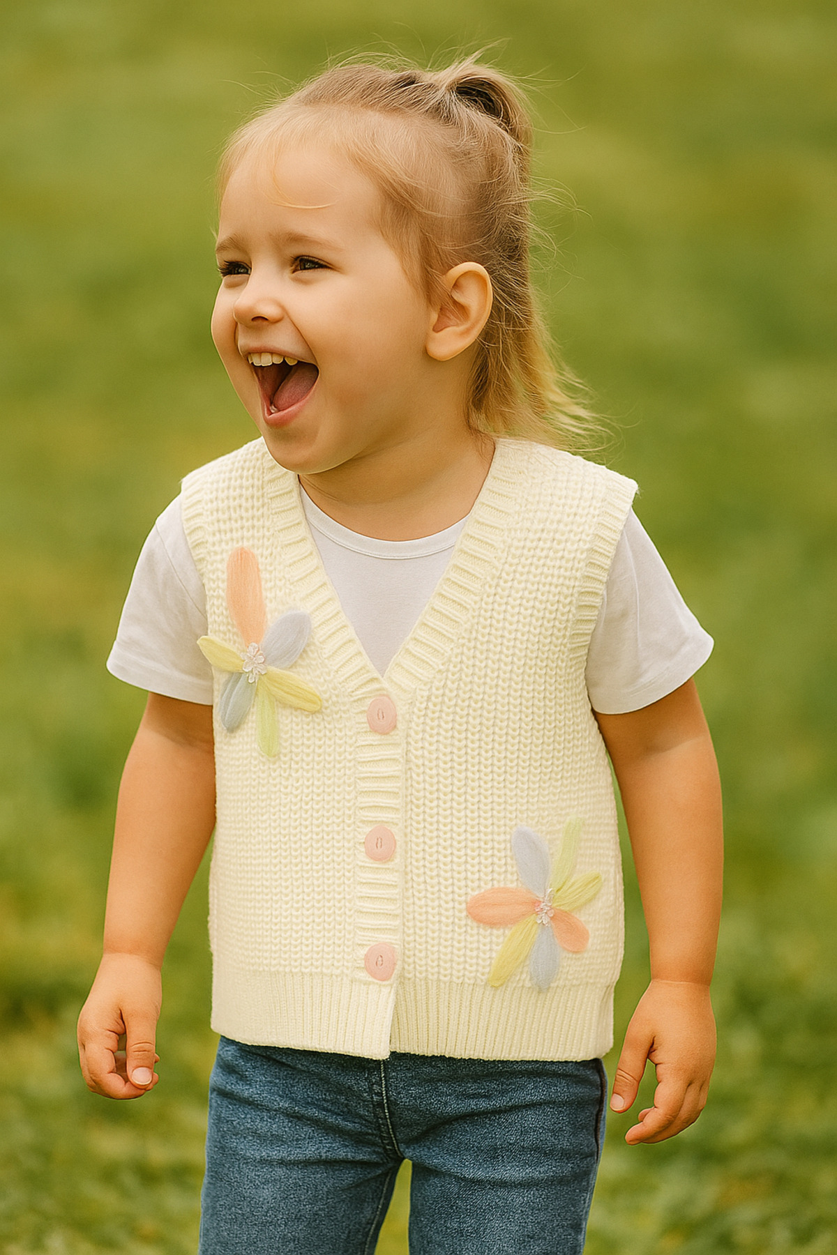 Nimini Kids Yeni Sezon Çiçek Detaylı Düğmeli Triko Selanik Örgü Kız Bebek Çocuk Yelek (0-8 yaş) fotoğrafı 3 (önizleme)