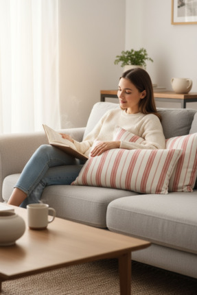 Chintar Pamuk Modern 2'li 30x50 Dekoratif Turuncu Çizgili Kırlent / Yastık Kı...