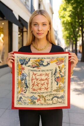 Axesoire 13465 Etnik Desenli Kırmızı Kenarlıklı Saten Bandana Fular 50x50 cm