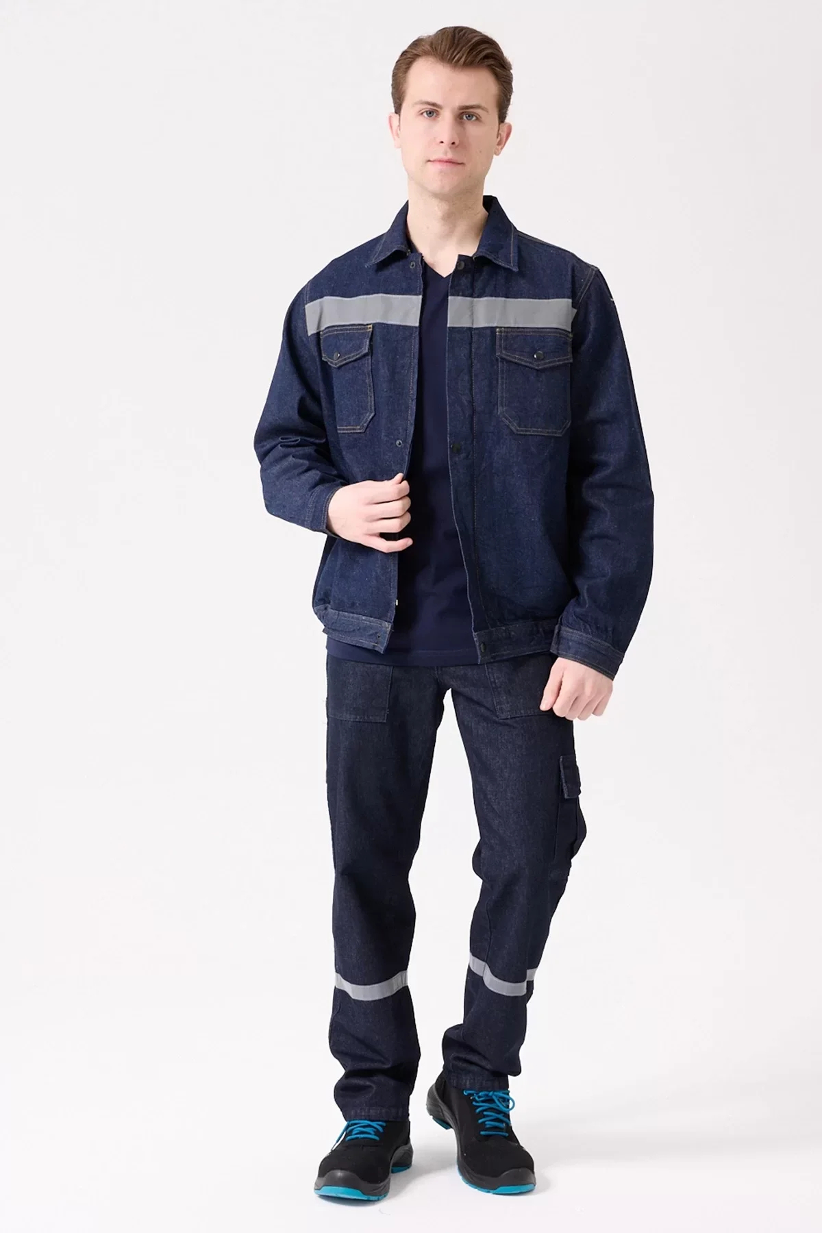Erkek Denim ISG Mont Koyu Reflektör Detaylı CE Tulipa Kot İş Güvenliği Reflektörlü Ceket