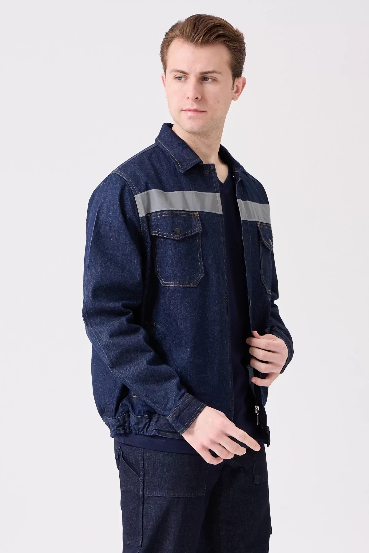 Erkek Denim ISG Mont Koyu Reflektör Detaylı CE Tulipa Kot İş Güvenliği Reflektörlü Ceket