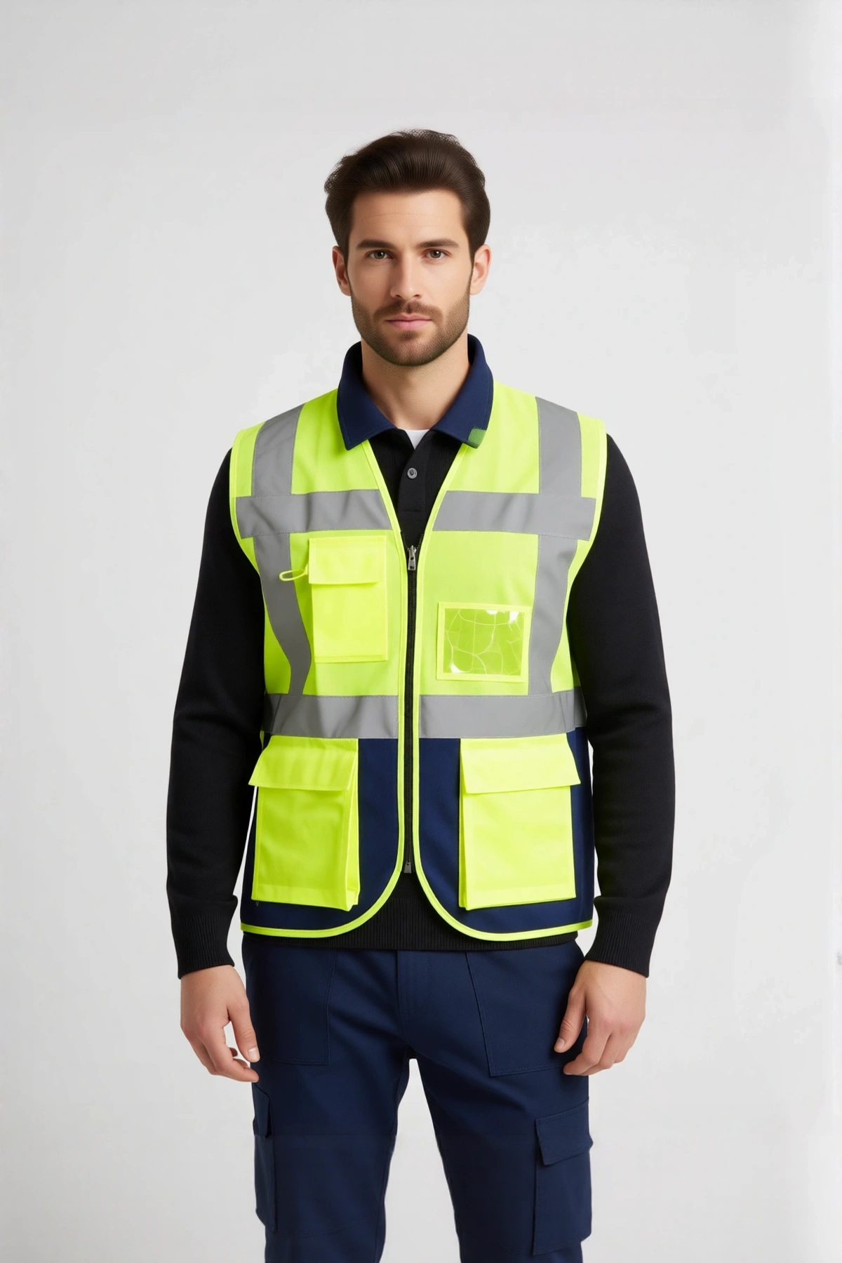 Yansıtıcı İş Güvenliği Yeleği Neon SarıLacivert vis Teknik Yelek
