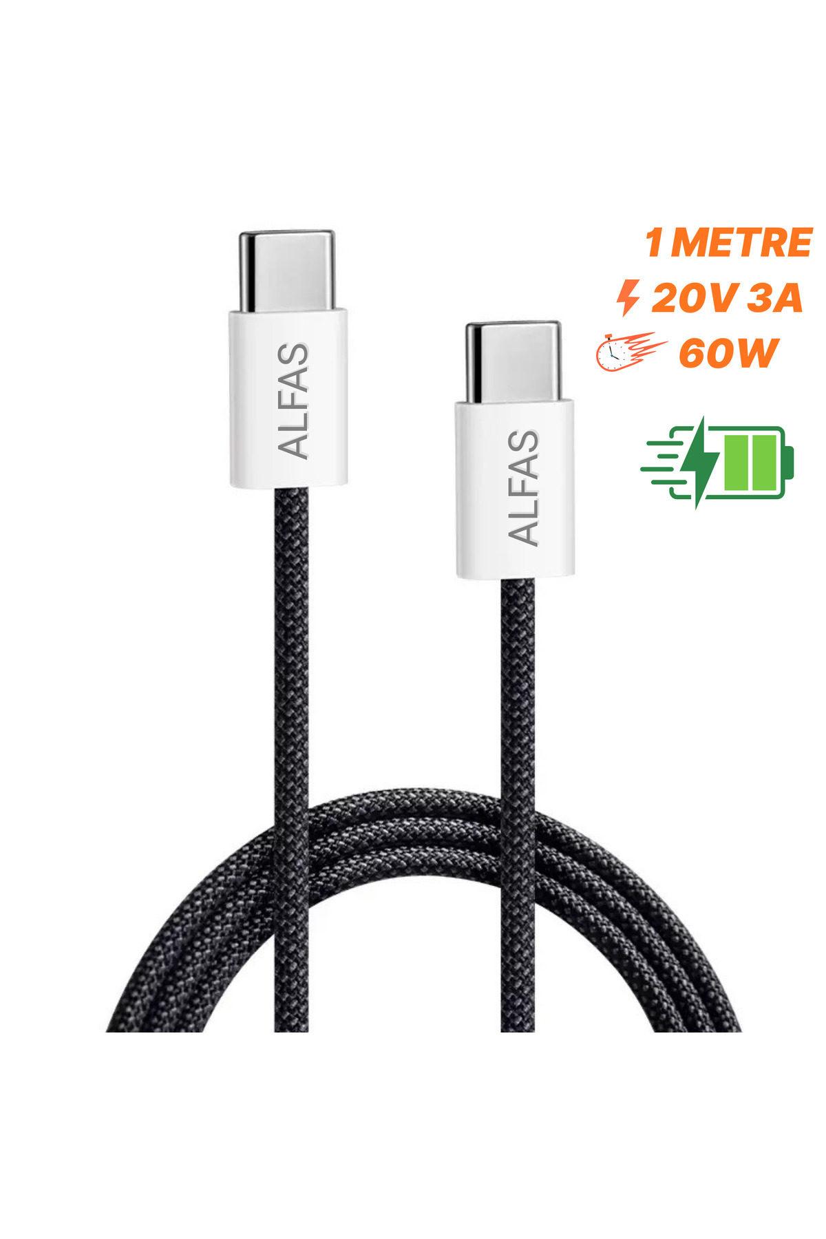ALFAS Type-C Şarj Kablosu 1m PD 60W 3A 1Gbps Hızlı Şarj & Data Transfer Usb-c Iphone Android Örgülü Kablo