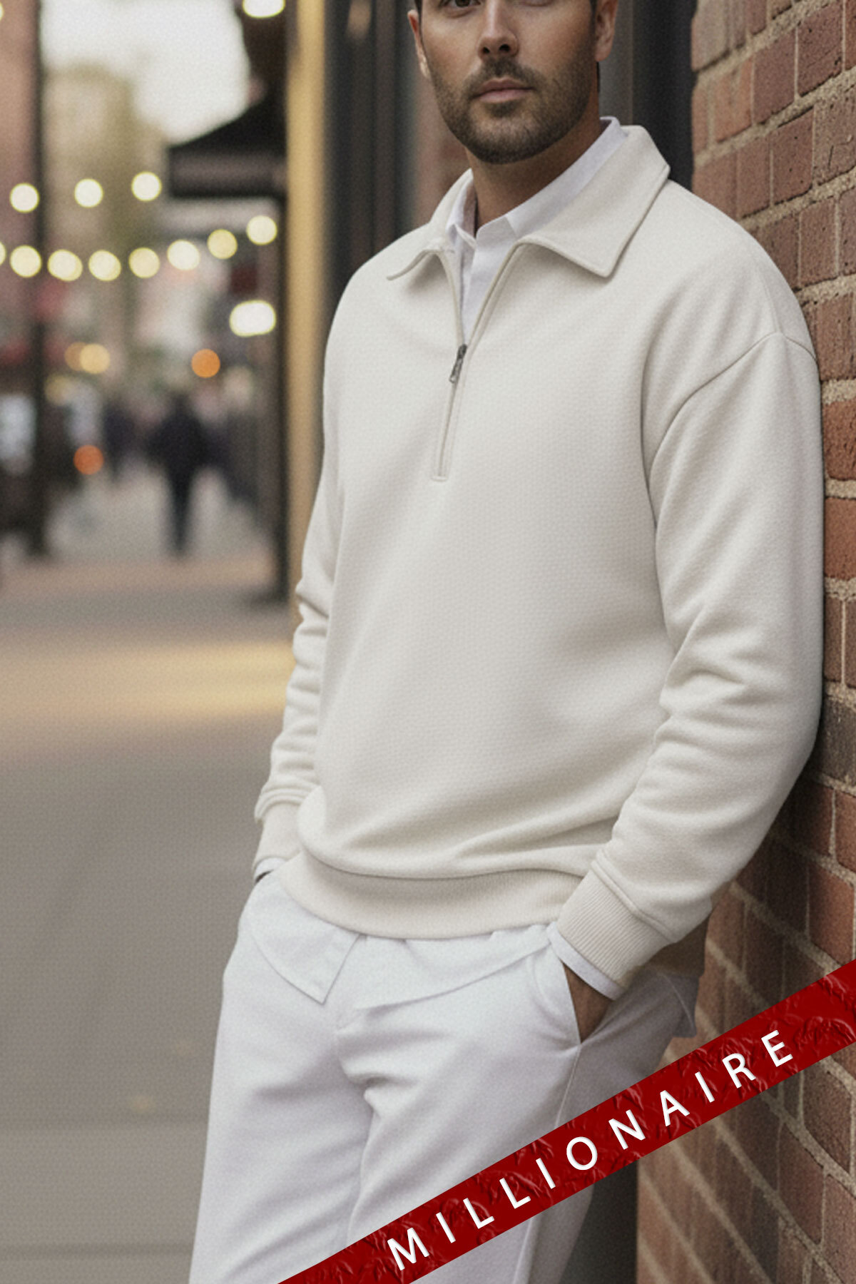 Millionaire  Erkek Ekru Kırık Beyaz Yarım Fermuar Polo Yaka 3 Iplik Içi Polarlı Şardonlu Oversize Sweatshirt - Görsel 2