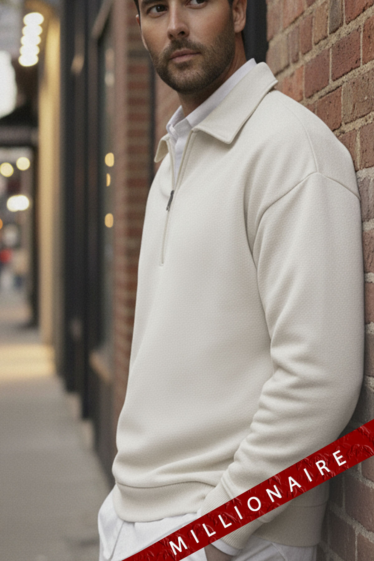 Millionaire  Erkek Ekru Kırık Beyaz Yarım Fermuar Polo Yaka 3 Iplik Içi Polarlı Şardonlu Oversize Sweatshirt - Görsel 3