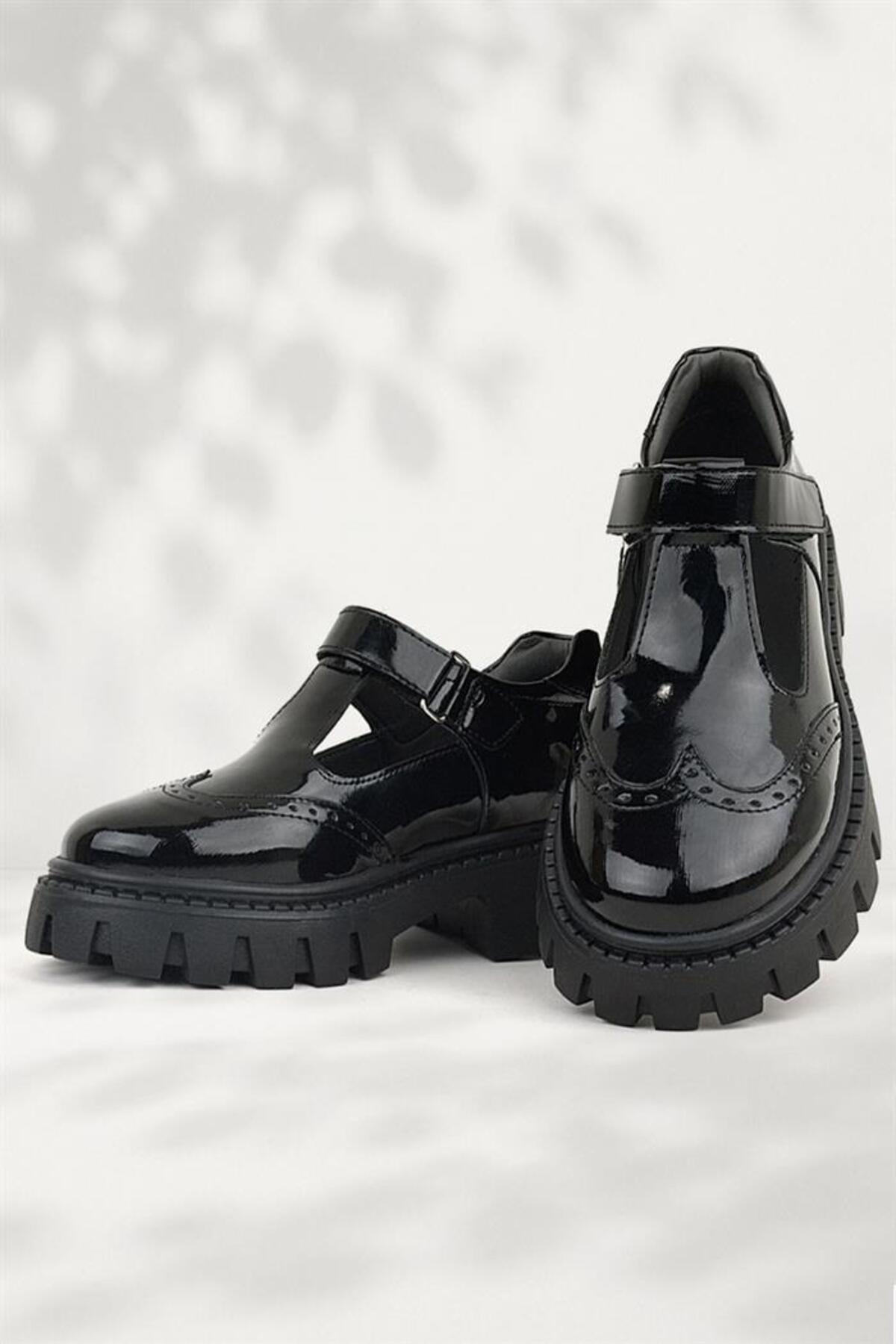 Girls' School Shoes with Black Spring Velcro