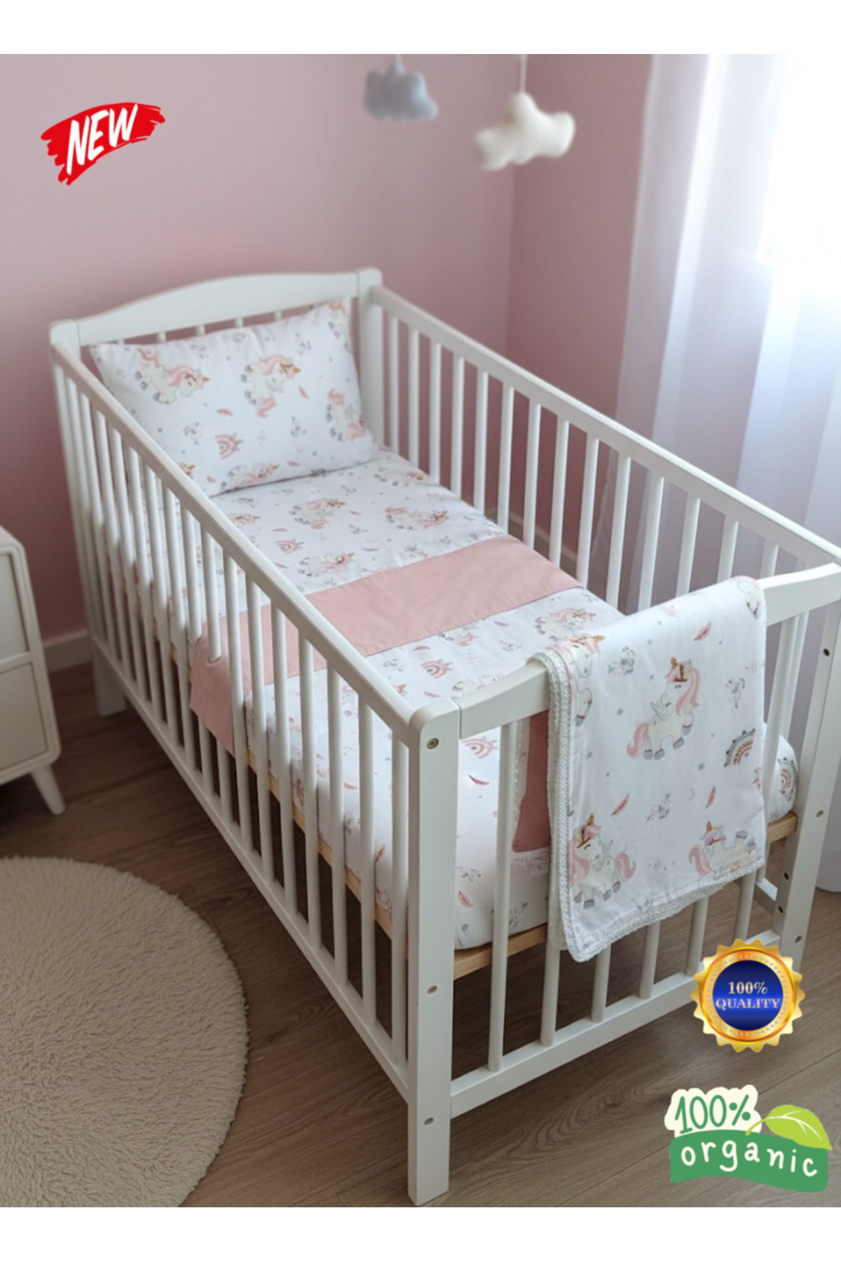 zera collection 4 Parça 100% Organik pamuk Unicorn Bebek Yorgan Nevresim Takımı bebek seti (Unisex) 3 FARKLI RENK fotoğrafı 2 (önizleme)