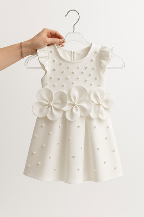 SOFYELLA Beyaz Çiçekli İncili Özel Tasarım Kız Çocuk Elbisesi
