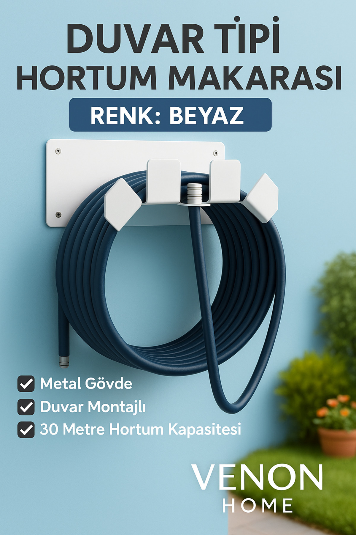 VENON BEYAZ Duvar Tipi Metal Hortum Askısı Siyah Metal Hortum Askılığı - Bahçe Hortumu Tutucu Kanca