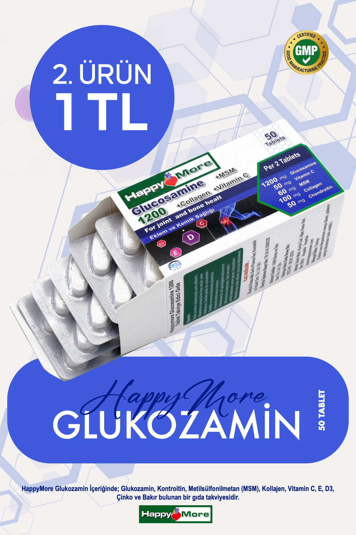 HappyMore Glukozamin - Sülfat, Kondroitin, MSM ve E, D, C Vitamini - 50 Tablet