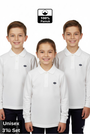 Divonette Kız Erkek Çocuk Polo Yakalı Uzun Kollu Okul Tişört 3'lü Set - Çocuk...
