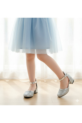 patik ayakkabı Kız Çocuk gümüş cam kırığı Kare Topuklu Abiye Ayakkabı