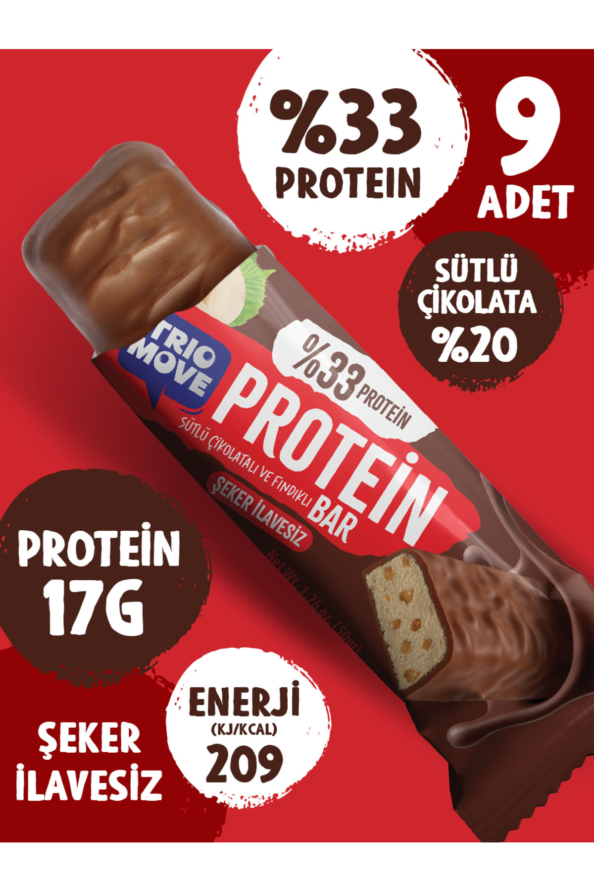 TrioMove Protein Bar - Fındıklı, %33 Protein, 50 g x 9 Adet Trio Move