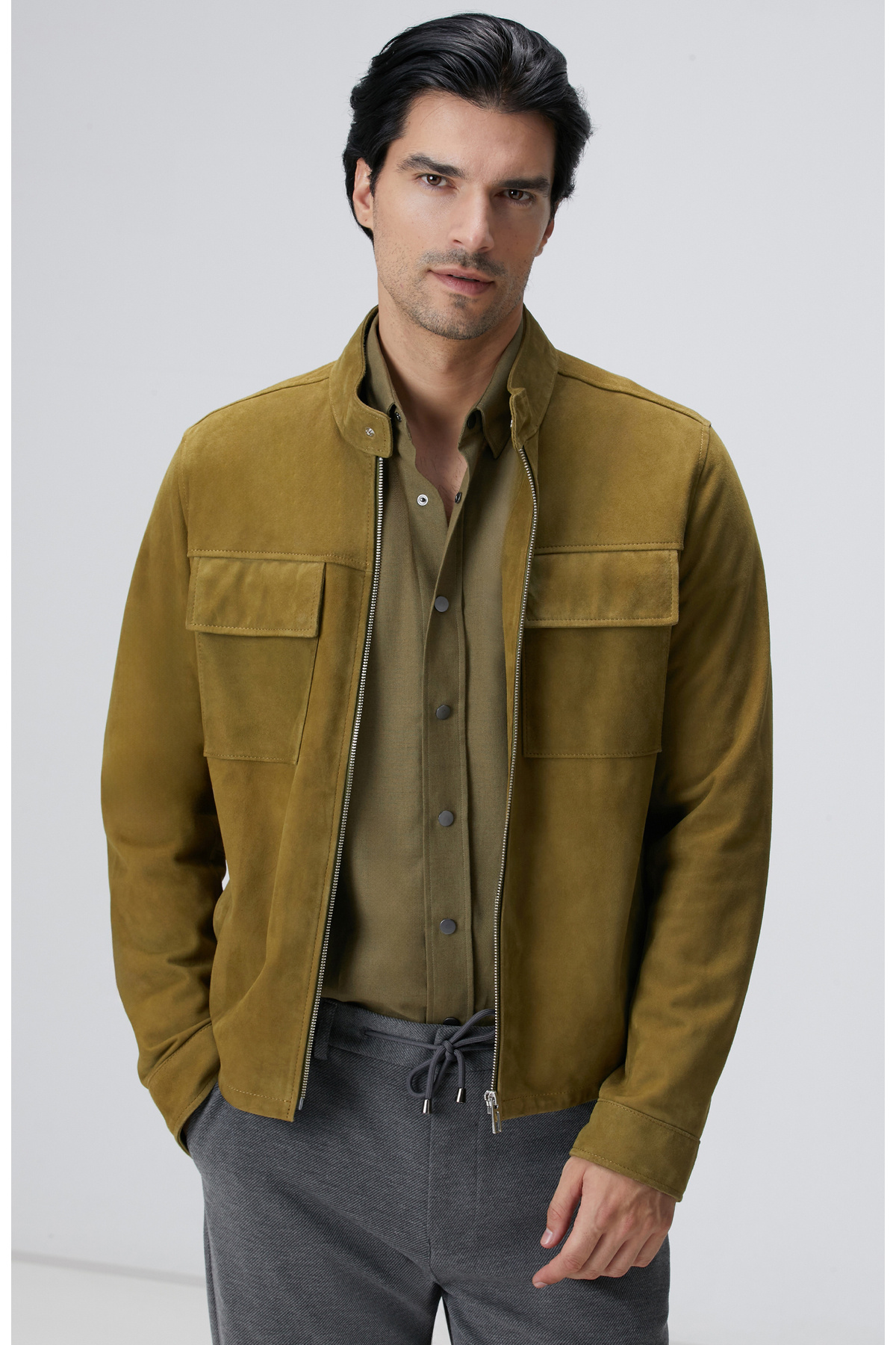 نتورک کت چرم جیر سبز نفتی