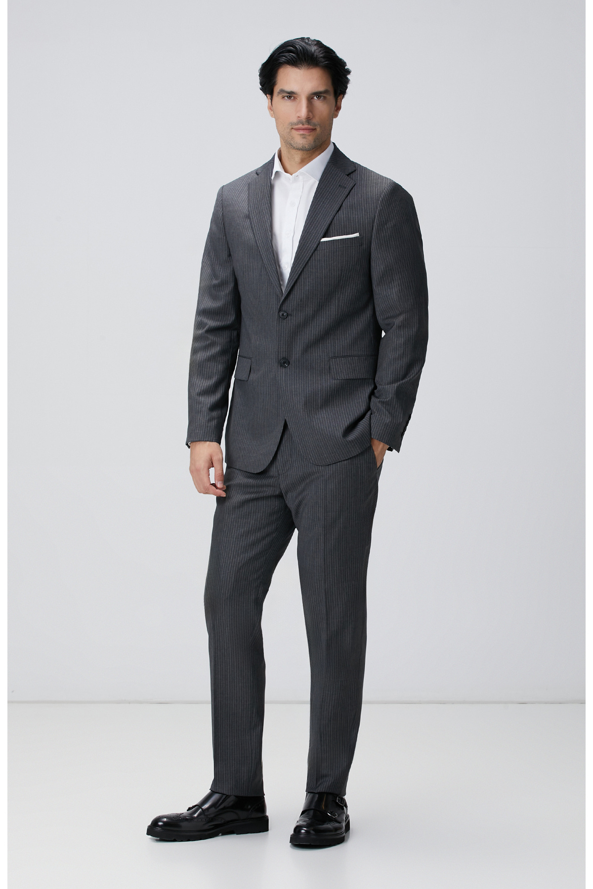 نتورک کت و شلوار پشمی راه راه آنتراسیت