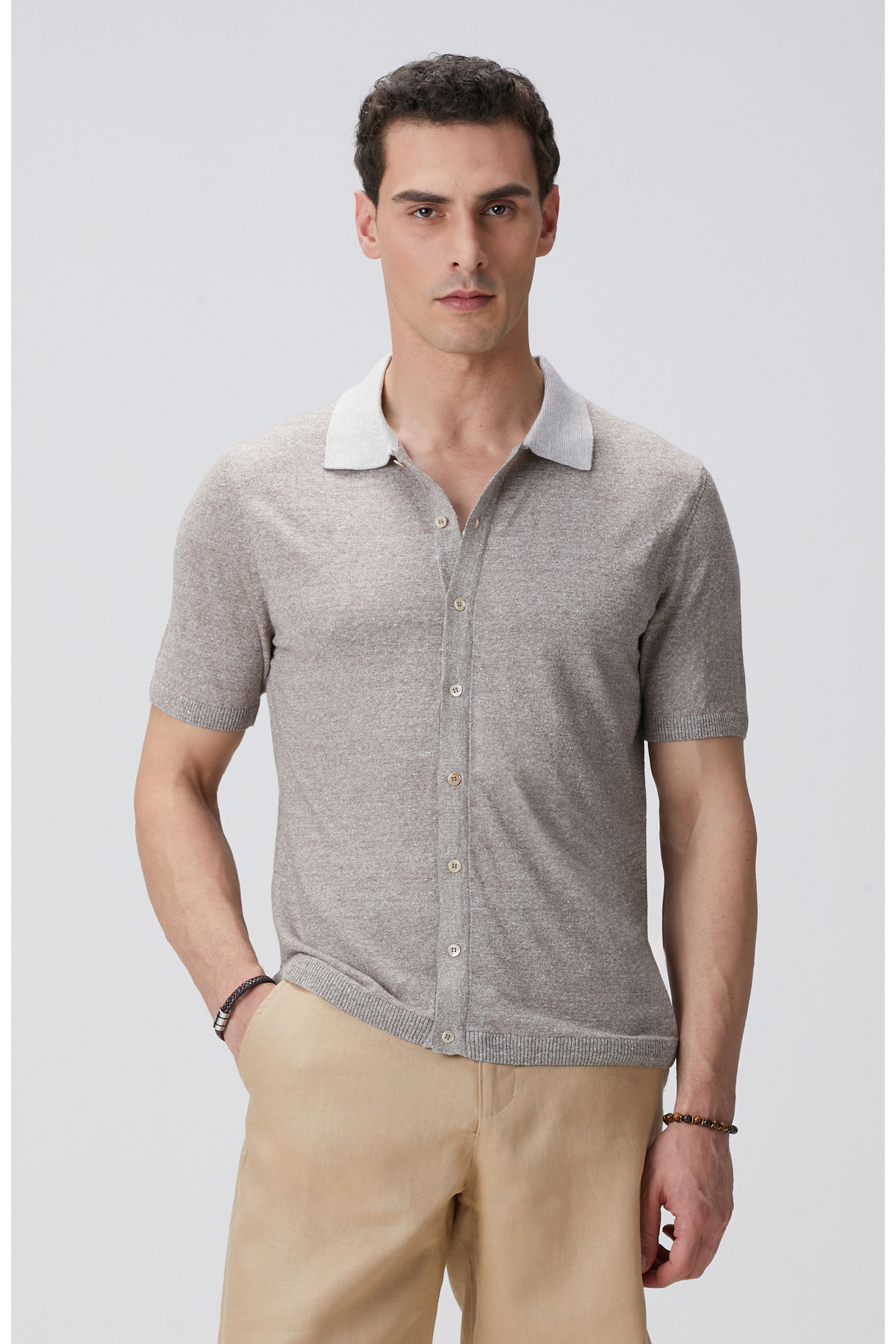 نتورک پیراهن بافتنی ترکیبی کتان بژ ملانژ