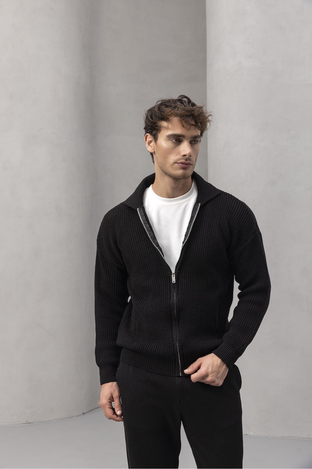 Valiberta  Coppola Selanik Örgü Polo Yaka Cepli Fermuarlı Rahat Kalıp Erkek Triko Hırka - Siyah - Görsel 5