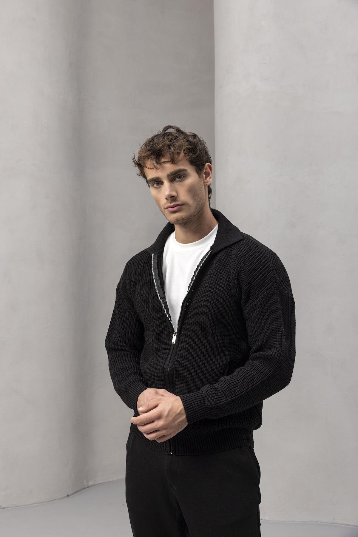 Valiberta  Coppola Selanik Örgü Polo Yaka Cepli Fermuarlı Rahat Kalıp Erkek Triko Hırka - Siyah - Görsel 4