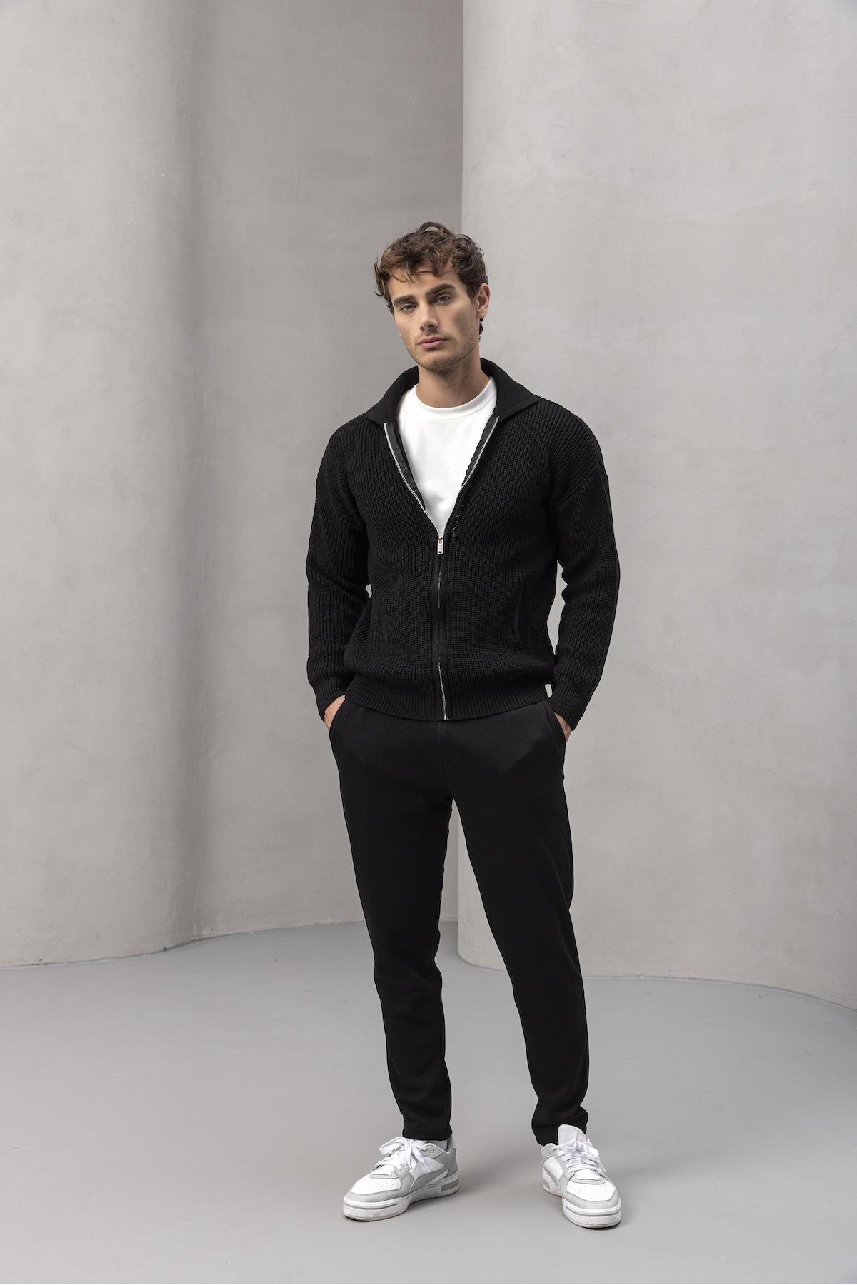 Valiberta  Coppola Selanik Örgü Polo Yaka Cepli Fermuarlı Rahat Kalıp Erkek Triko Hırka - Siyah - Görsel 7