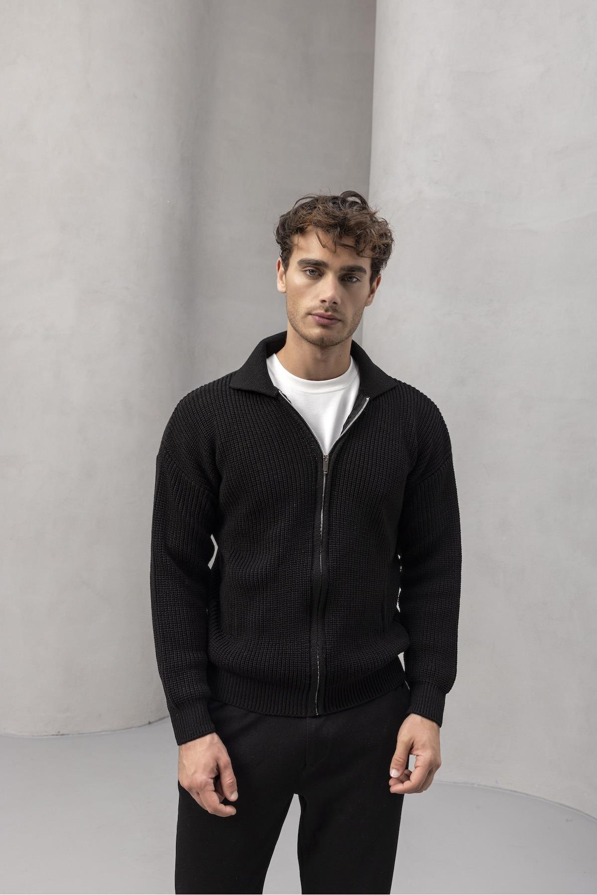 Valiberta  Coppola Selanik Örgü Polo Yaka Cepli Fermuarlı Rahat Kalıp Erkek Triko Hırka - Siyah - Görsel 2