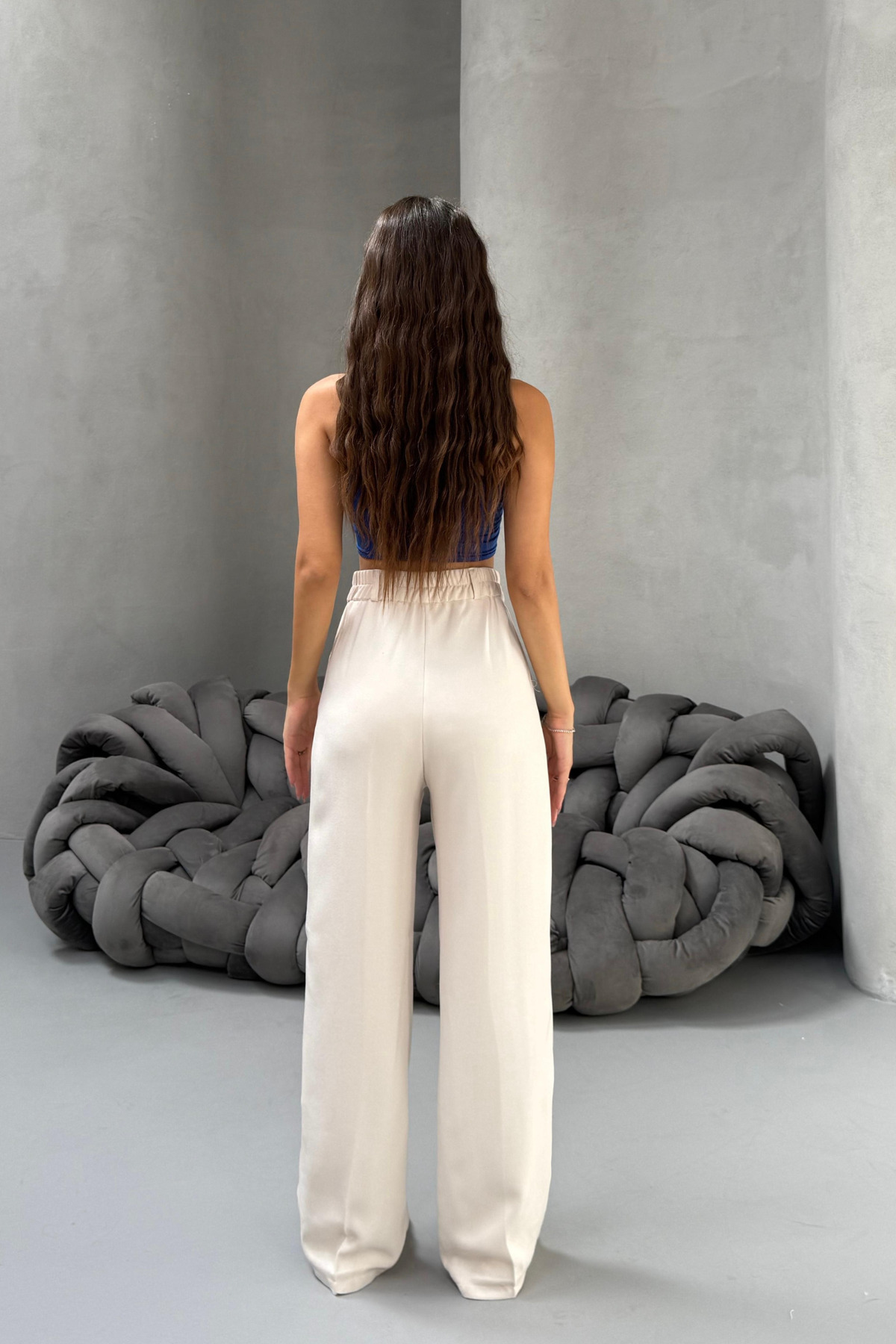 Kadın Yüksek Bel Wide Leg Bol Paça Rahat Kalıp Palazzo Pantolon TAŞ 6