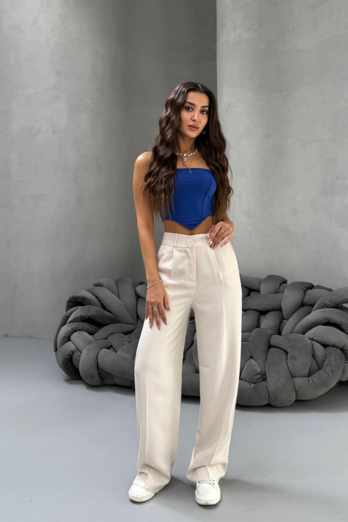 Kadın Yüksek Bel Wide Leg Bol Paça Rahat Kalıp Palazzo Pantolon TAŞ 3