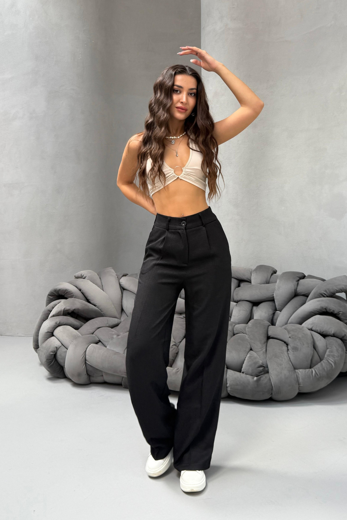 Kadın Yüksek Bel Wide Leg Beli Lastikli Bol Paça Rahat Kalıp Palazzo Pantolon SİYAH 7