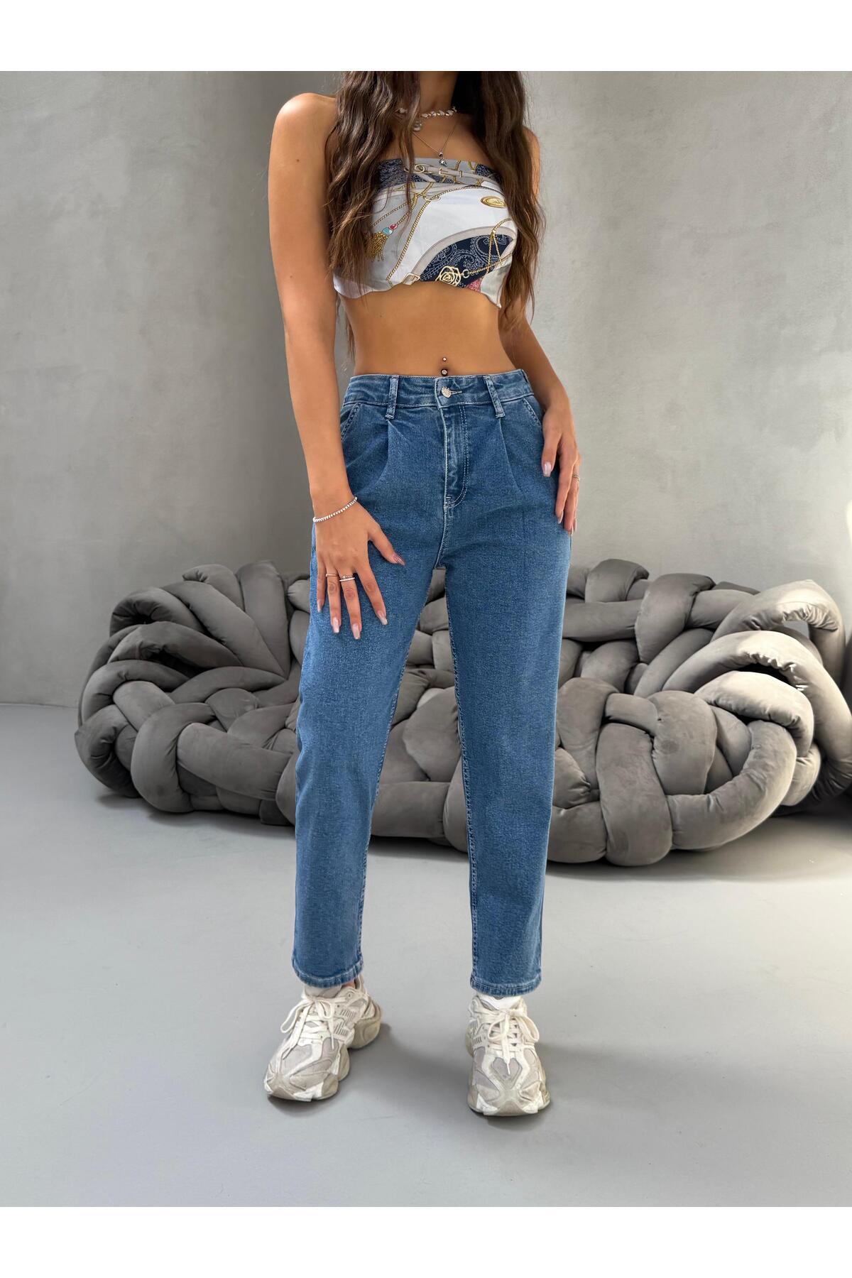 BİKELİFE  Kadın Yüksek Bel Boyfriend Likralı Pileli Mom Jeans - Görsel 6
