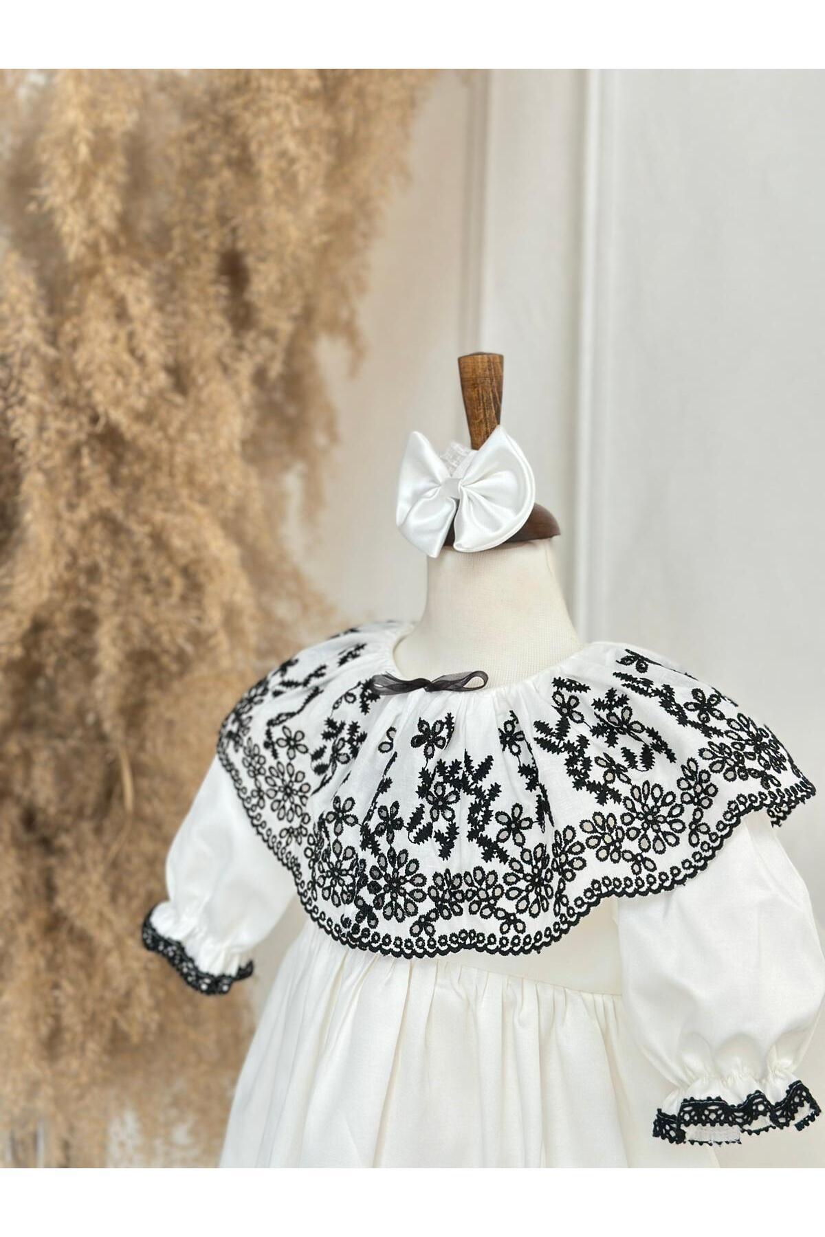 Hobidik Bebek Çocuk Kırık Beyaz Siyah Fisto Pelerin Elbise Set fotoğrafı 3 (önizleme)