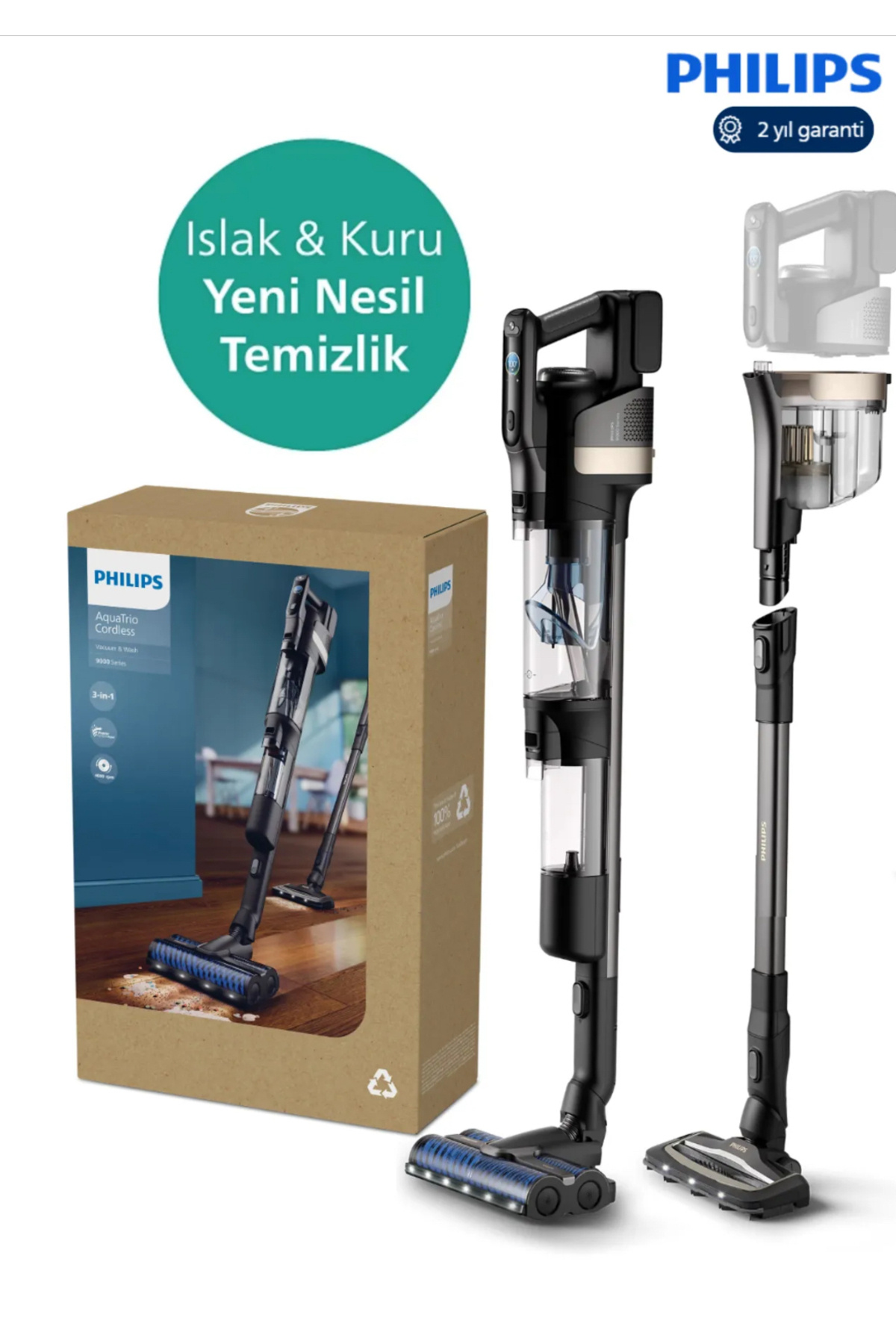 Philips Yeni Nesil Islak & Kuru Aqua Trio 9000 Seri Dijital Ekran, Hibrit Güç Motorlu Kablosuz Dik Süpürge