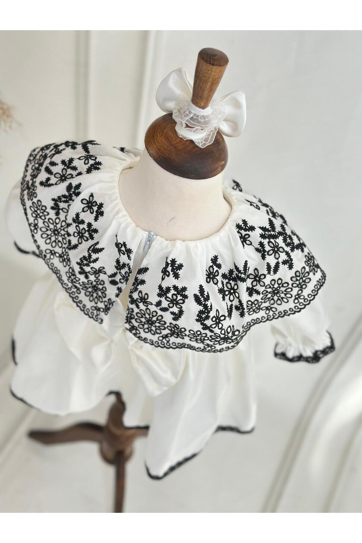 Hobidik Bebek Çocuk Kırık Beyaz Siyah Fisto Pelerin Elbise Set fotoğrafı 7 (önizleme)