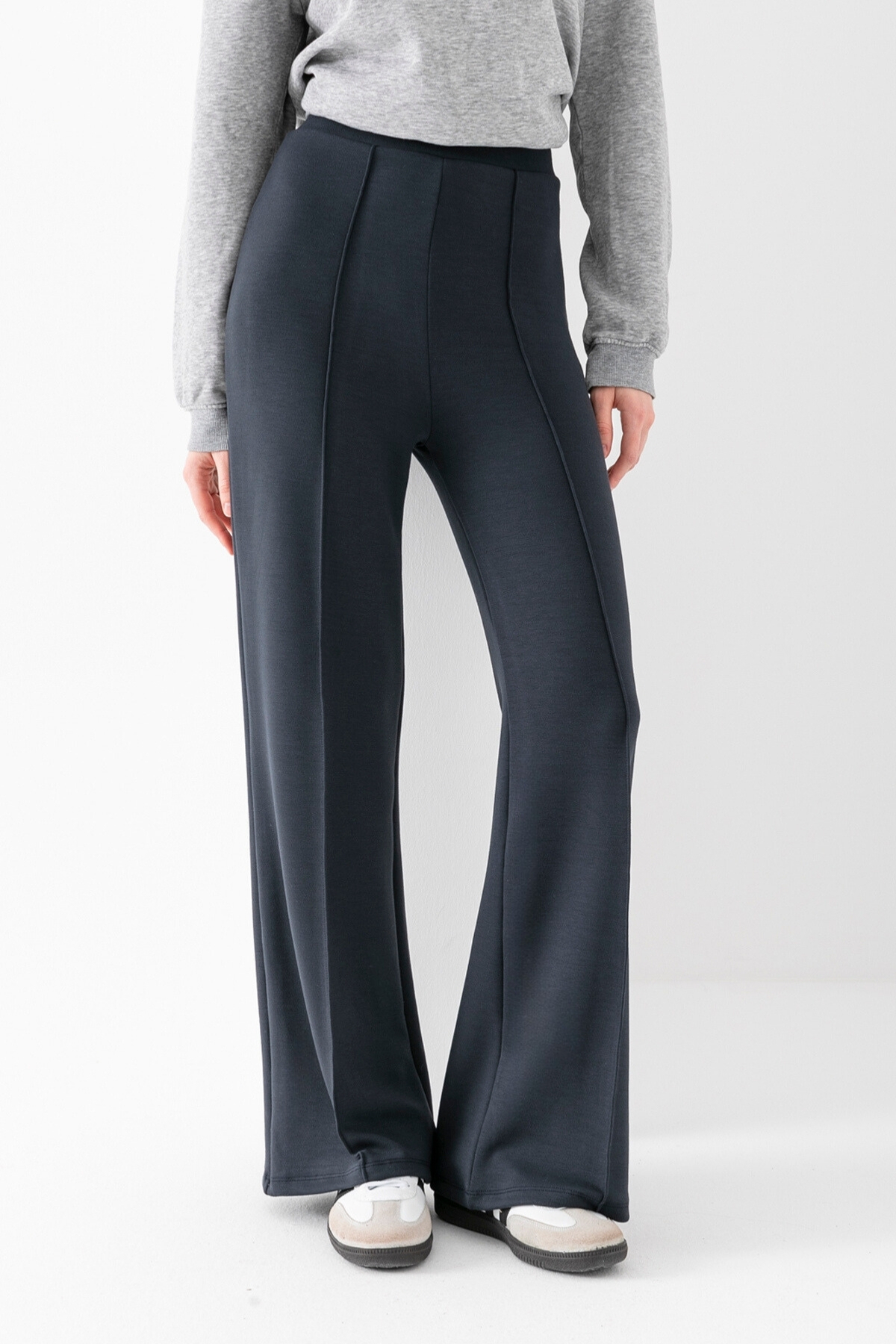 Alos  Kadın Füme Modal Bol Paça Çımalı Yüksek Bel Yumuşak Dokulu Beli Lastikli Likralı Pantolon - Görsel 4