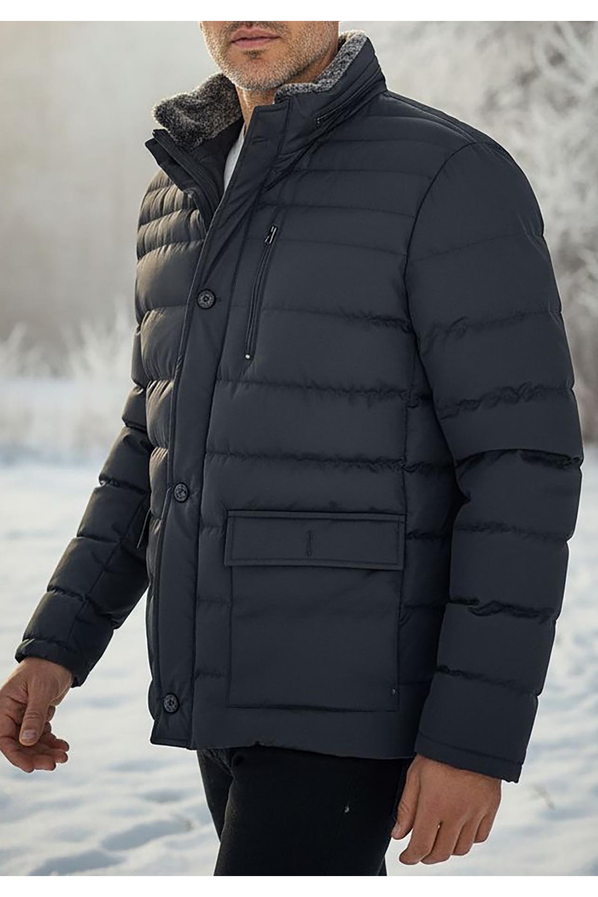 Çıkabilir Kürk Yakalıcomfortfit Kaban — مشکی DML3058 — تصویر 2 از 6