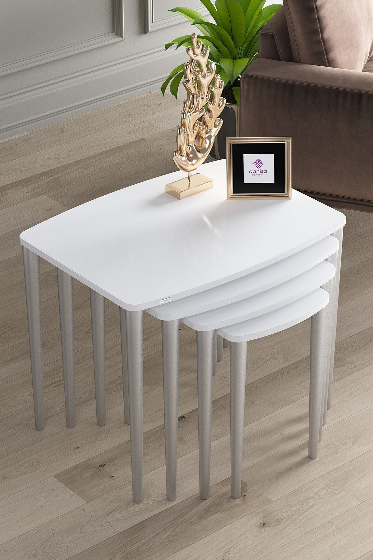 Anka Series, 1st Class Coffee Table Set, Mdf 4-Piece Zigon Coffee Table Set, White Coffee Table, Silver Hornbeam Leg