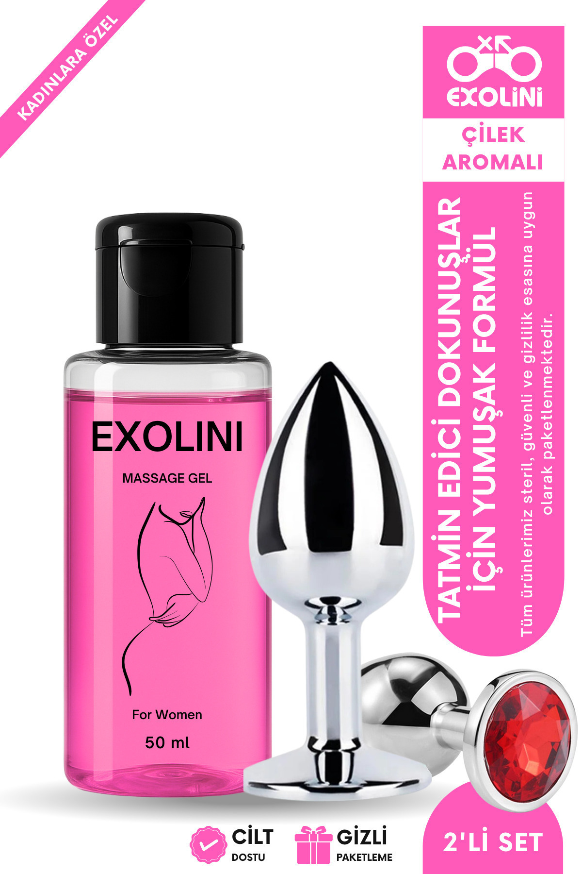EXOLİNİ Anal Set: Su Bazlı Çilek Jel 50 ml + Kırmızı Taşlı Metal Plug – Strapon & Prezervatif Uyumlu