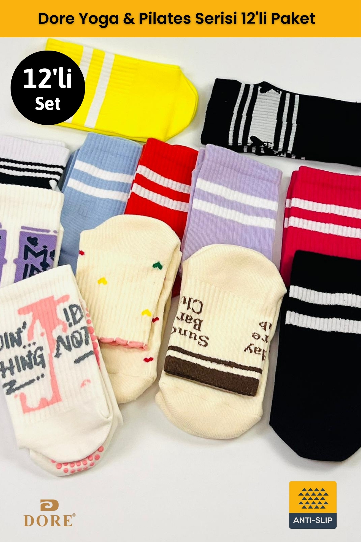 Dore Orijinal Kadın 12'li Set Yoga & Pilates Kaydırmaz Tabanlı Trend Model Özel Paket Çorap Seti 12 Çift
