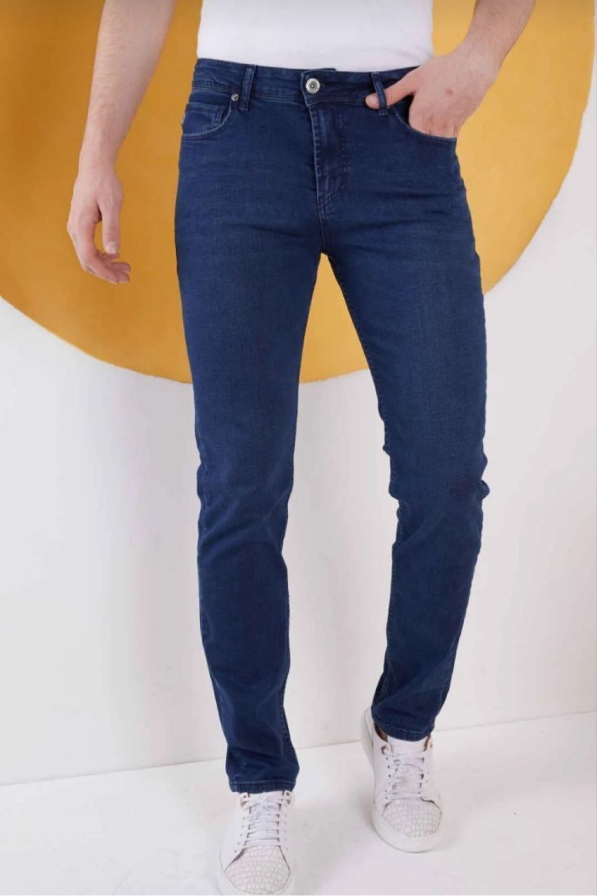 Men's Dark Blue Regular Fit Tube Leg Flexible Lycra Jeans Denim Trousers