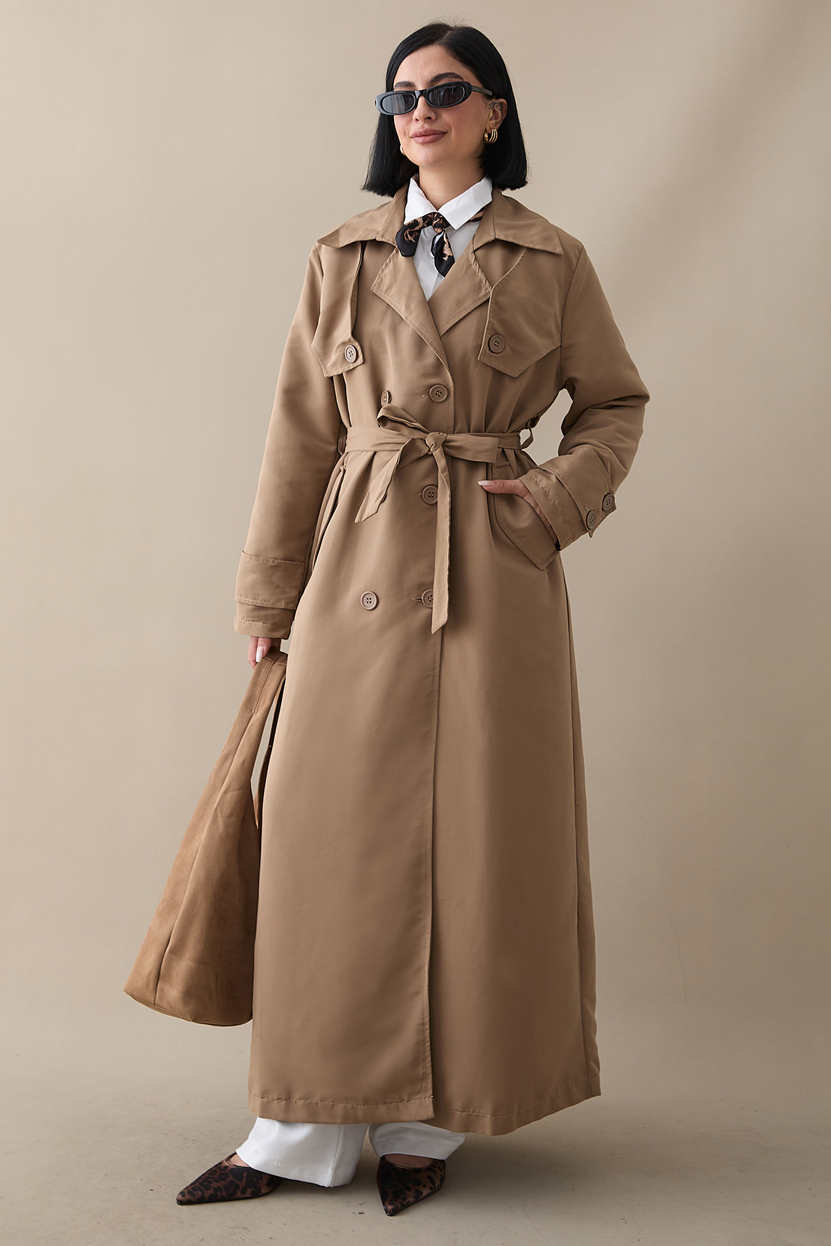 InStyle Çift Kapaklı Kuşaklı Sütlü Kahve Trençkot