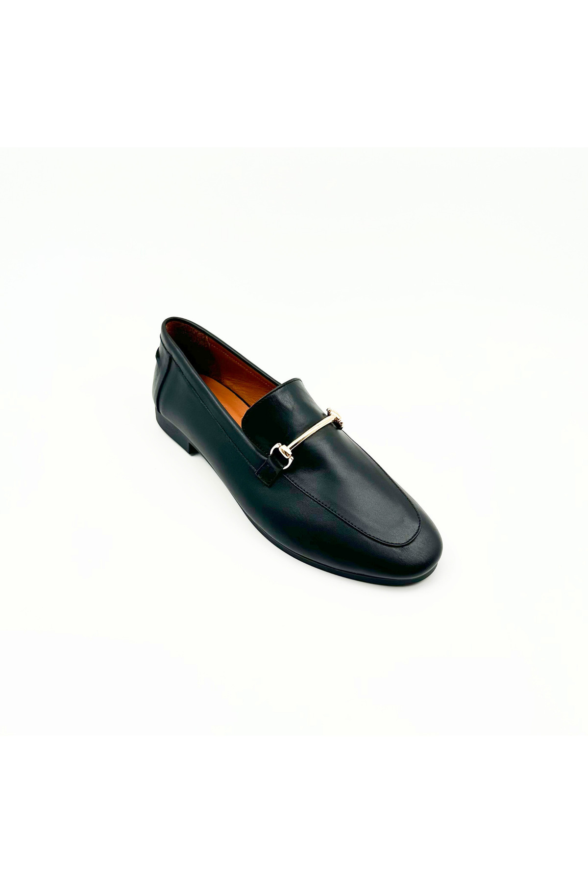Folle Siyah Hakiki Deri Altın Tokalı Loafer Kadın Ayakkabı, 1 cm Topuklu görsel 4